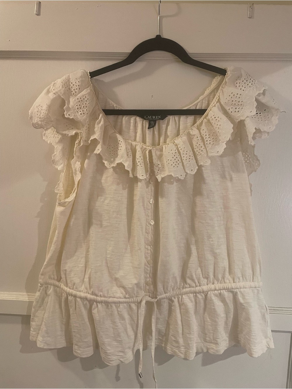 Ralph Lauren Cream Eyelet Ruffle Button-Down Blouse